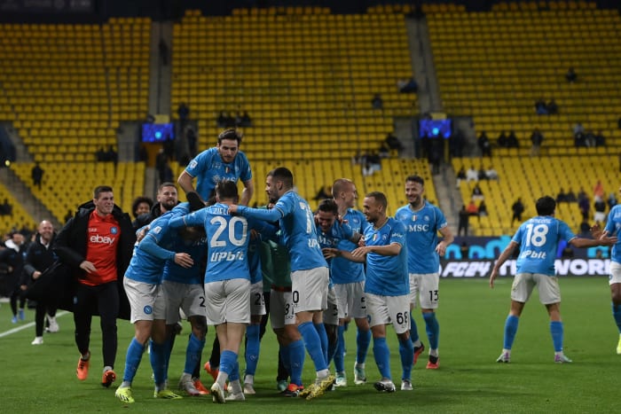 Napoli players pictured celebrating a goal during their 3-0 win over Fiorentina in Saudi Arabia in the semi-finals of the 2023 Supercoppa Italiana